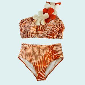 One Shoulder Bathing Suit Orange and White Two Piece with Sheer Skirt